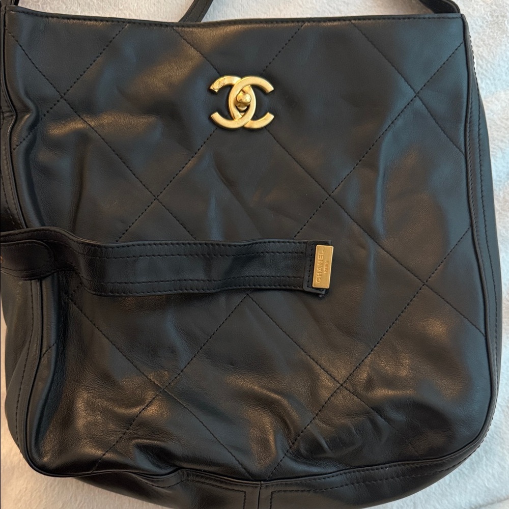 Black Leather Shoulder Bag with Gold Accent